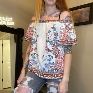 BLUE RAIN FLORAL OFF SHOULDER SOFT BLOUSE
